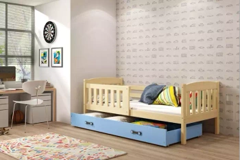 KUBUŚ 90X190 jednolůžko se zásuvkou, borovice/modrá