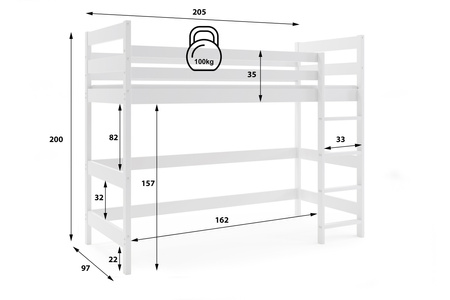 Patrová postel pro mladé - mezaninová bílá 90x200