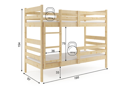 Patrová postel pro mládež Erik 90X190, s matrací, přírodní dřevo