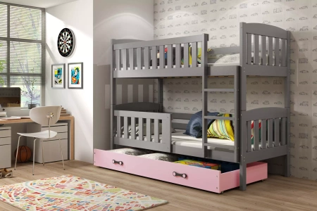 Patrová postel KUBUŚ 90X190 s matrací a zásuvkou, grafit/růžová