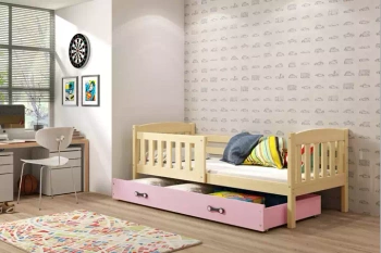 KUBUŚ 90X190 jednolůžko pro mladé s matrací a zásuvkou, borovice/růžová