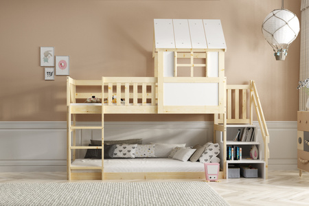 Patrová postel se schody a baldachýnem - mezanin z přírodního dřeva 90x200