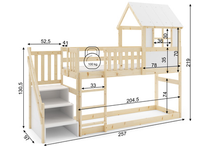 Patrová postel se schody a baldachýnem - mezanin z přírodního dřeva 90x200