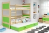 Juniorská postel pro tři osoby RICO 90X200 s matrací a zásuvkou, borovice/zelená