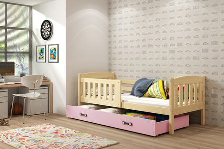 KUBUŚ 80X160 jednolůžková dětská postel s matrací a zásuvkou, borovice/růžová