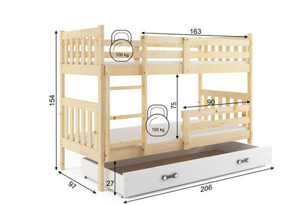 Patrová postel KACPER 90X200 se zásuvkou, borovice/bílá