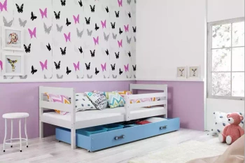 Jednolůžko pro dospívající ERYK 90x190 s matrací a zásuvkou, bílá/modrá