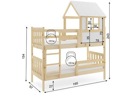 Patrová postel s baldachýnem - Kacper z přírodního dřeva 90x190