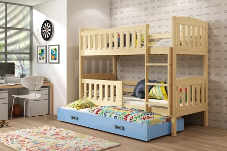 KUBUŚ 90X190 třímístná postel pro mládež se zásuvkou, borovice/modrá