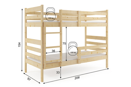 Patrová postel pro mládež Erik 90X200, s matrací, přírodní dřevo