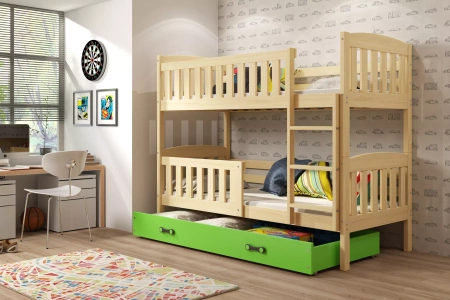 Patrová postel KUBUŚ 90X200 se zásuvkou, borovice/zelená