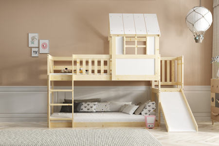 Patrová postel se skluzavkou - mezanin, přírodní dřevo 90x200