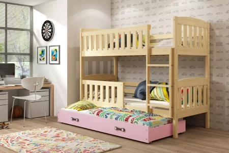 KUBUŚ 90X190 trojlůžko pro mladé se zásuvkou, borovice/růžová