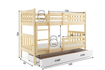 Patrová postel KACPER 90X190 s matrací a zásuvkou, borovice/bílá