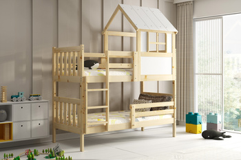 Patrová postel s baldachýnem - Kacper z přírodního dřeva 90x190 s matrací