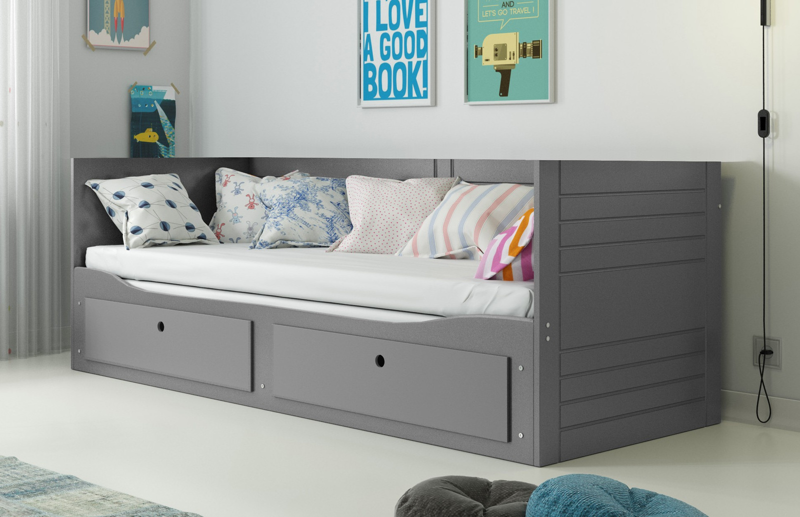 Skládací dvoulůžko pro mládež HERMES 80X200 s matrací a zásuvkou, grafitová barva