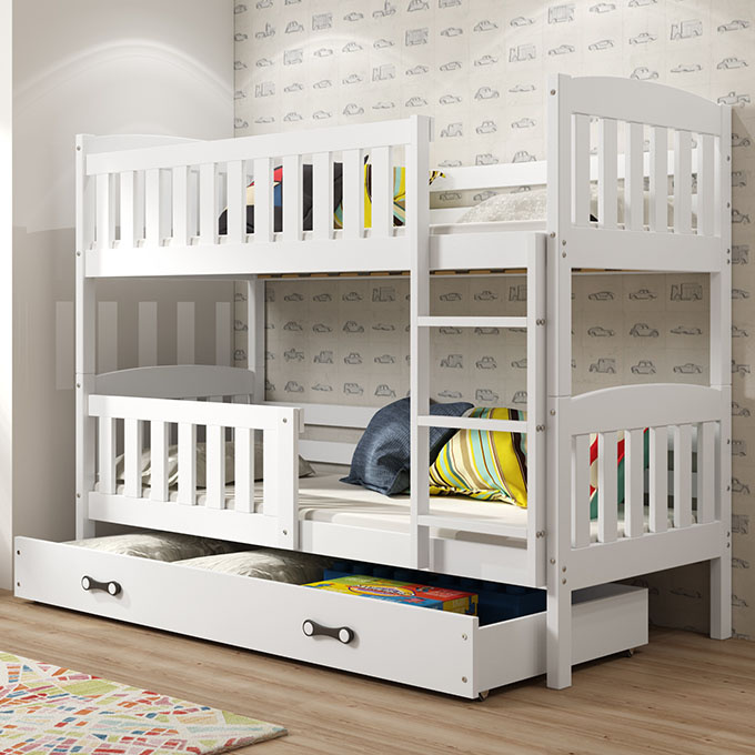 Patrová postel KUBUŚ 90X200 se zásuvkou, bílá